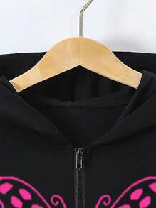 Tween Girl Casual Long Sleeve Zip-Up Butterfly Hooded Sweatshirt, Suitable For Autumn And Winter, Tween Girl Clothing - Black - View 3