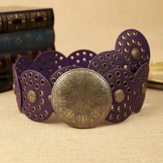 1pc Women's Purple Metallic PU Circle Buckle Belt, Vintage Bronze Accessories, Fashion Casual Suitable For Dates, Gatherings, Parties, Everyday Wear Summer, School Fall, Autumn, Halloween