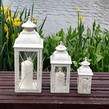 Set Of 3 Decorative Candle Lantern 19''&13"&10" H Vintage Metal Candle Holder With Tempered Glass Perfect For Garden Yard Patio Wedding Parties Events Indoors NOT Including Candles - White - View 3