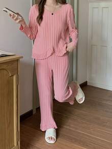 2 piezas Conjunto de pijama rosa para mujer, top de manga larga y pantalones, ropa de estar en casa - Rosa - Ver 4