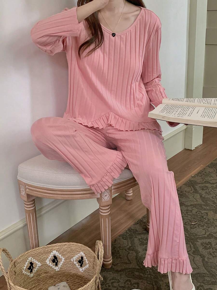 2 piezas Conjunto de pijama rosa para mujer, top de manga larga y pantalones, ropa de estar en casa - Rosa - Ver 1