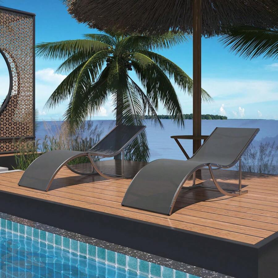 Set Of 2 Lounge Chairs, Aluminum Outdoor Lounge Chairs, S-Shaped Design Conforms To The Body's Curves For Enhanced Comfort, Chaise Lounge For Poolside, Garden, Beach, Camping, And Backyard - Grey - View 1