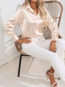 Women's Casual Turndown Collar Button Faux Silk Satin Fabric Solid Color Long Sleeve Blouse - Champagne - View 6