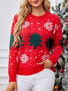 Suéter holgado de punto con cuello redondo con estampado de copos de nieve y árboles de Navidad para mujeres - Rojo - Ver 3