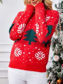 Suéter holgado de punto con cuello redondo con estampado de copos de nieve y árboles de Navidad para mujeres - Rojo - Ver 1