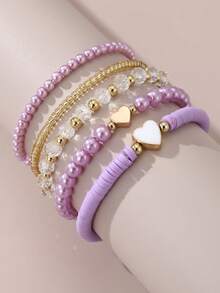 5pcs/Set Girls Heart Soft Clay Pearl Beaded Bracelet Set Suitable For Daily Decoration - 5PCS - View 6