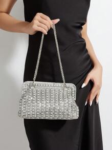 大容量拉链款式闪亮、闪闪发光迷人、优雅、精致、安静奢华水钻单肩包女士晚宴包，优雅水钻、水晶装饰、仿珍珠适合派对女孩、女人、女士、新娘适合派对、婚礼、舞会、晚宴/宴会送给女性的最佳礼物 - 銀色 - 查看 1