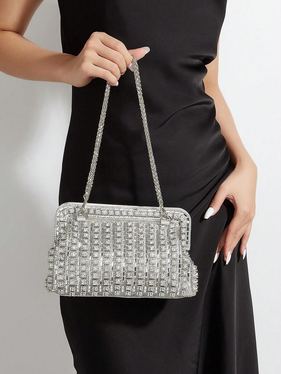 大容量拉链款式闪亮、闪闪发光迷人、优雅、精致、安静奢华水钻单肩包女士晚宴包，优雅水钻、水晶装饰、仿珍珠适合派对女孩、女人、女士、新娘适合派对、婚礼、舞会、晚宴/宴会送给女性的最佳礼物 - 銀色 - 查看 1