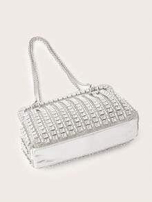 大容量拉链款式闪亮、闪闪发光迷人、优雅、精致、安静奢华水钻单肩包女士晚宴包，优雅水钻、水晶装饰、仿珍珠适合派对女孩、女人、女士、新娘适合派对、婚礼、舞会、晚宴/宴会送给女性的最佳礼物 - 銀色 - 查看 5