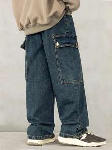 Tween Boy 宽松工装牛仔裤 - 深色水洗藍 - 查看 2