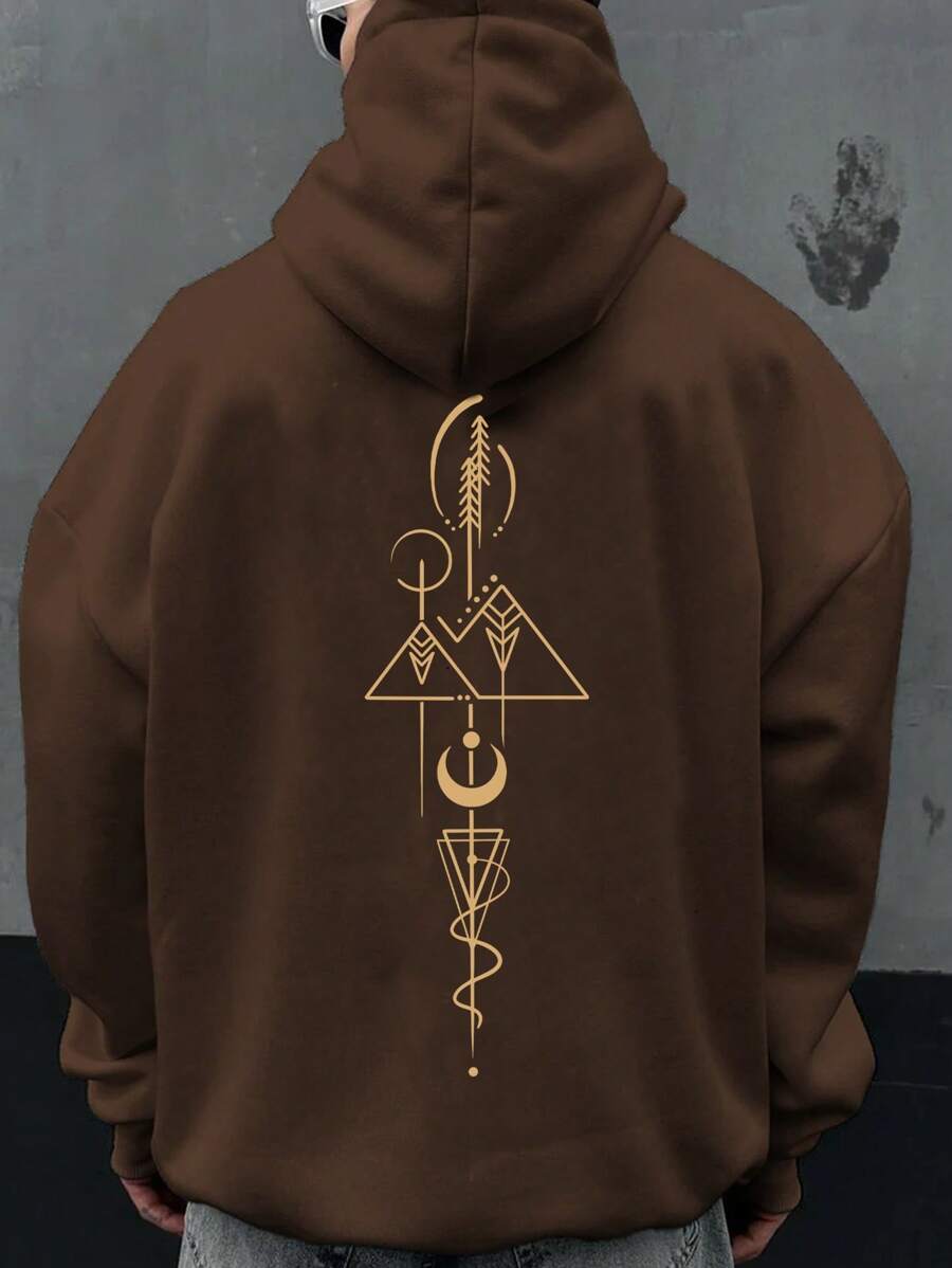 Men's Spring Autumn Geometric Print Hooded Casual Sweatshirt - Coffee Brown - View 1