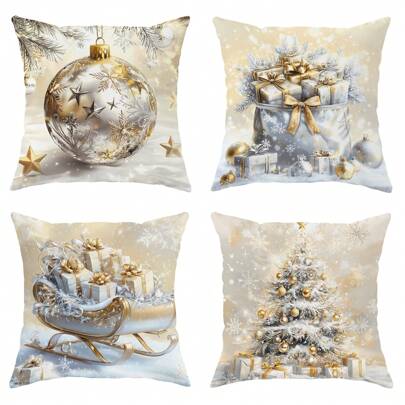 4pcs Velvet Christmas Christmas Tree Christmas Gift  Throw Pillow Covers Vintage White Gold Comfortable Soft Decorative Pillowcases One Sided Printing18in*18in For Xmas Living Room Bedroom Sofa Bed Decoration Without Pillow Inserts