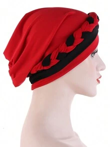 1pc Women Dual-Tone Milk Silk Headscarf Cap With Braid, Hair Covering Daily Under Cap