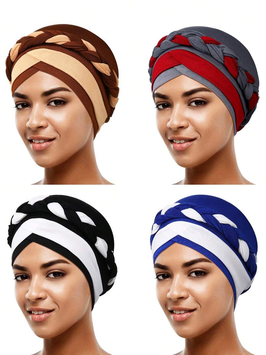 1pc Women Dual-Tone Milk Silk Headscarf Cap With Braid, Hair Covering Daily Under Cap