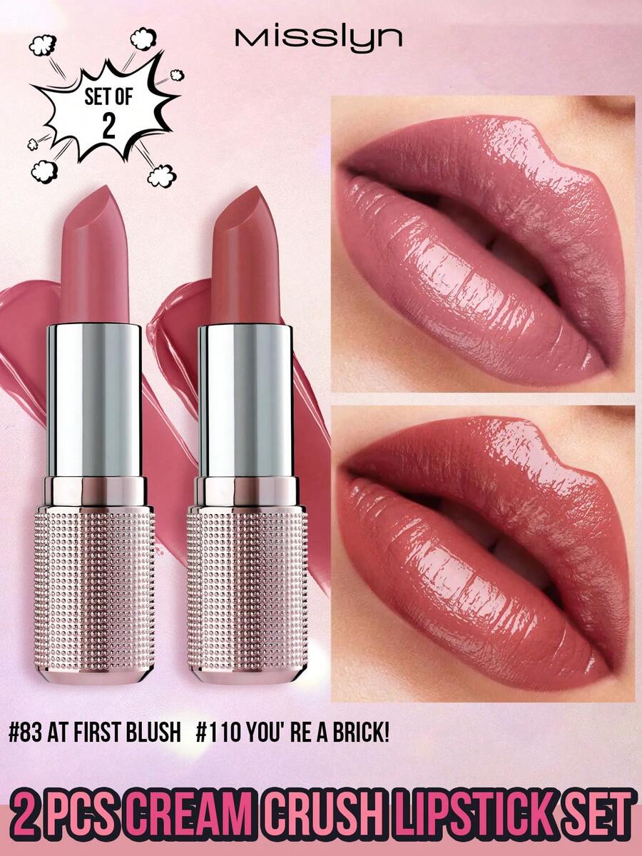 Misslyn 两支装柔滑唇膏套装。柔滑不粘腻保湿唇膏，丝滑滋润缎面唇膏，高光泽，显色度高，可叠加涂抹，裸色系列，Y2K妆容，派对，海滩，旅行，度假，露营，户外，玫瑰色，时尚，女孩，新年，化妆品，角色扮演，最佳旅行，节日，色彩，时尚，校园，学校，魅力，氛围，中国新年，情人节礼物，纯素，无动物实验