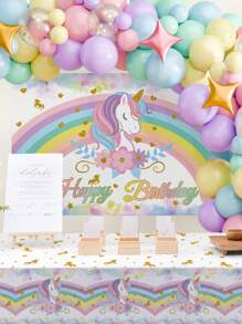 1pc 100*150cm Rainbow Unicorn Happy Birthday Polyester Background Cloth, Banner Perfect Decoration For Unicorn Theme Birthday Party Room Wall, Indoor And Outdoor Fence Banner Decoration Hanging Cloth, Fabric,Christmas