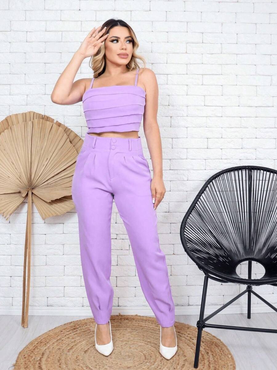 Women's Tailored Shirt And Pants Set - 紫丁香色 - 查看 1