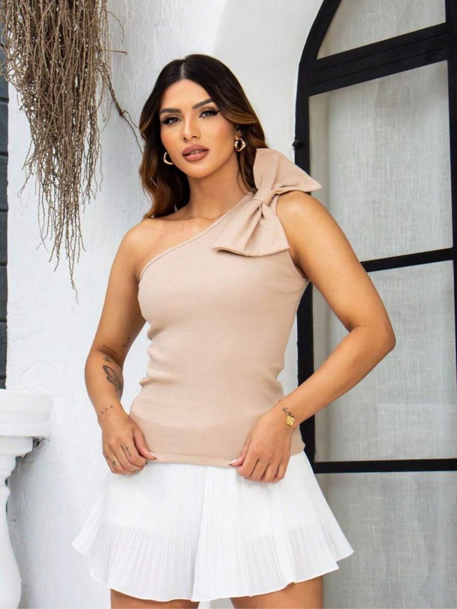 Mula Manca One Shoulder Blouse With Ribbed Bow Summer 2025 - Màu be - Xem 1