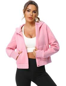 Women's Pullover Hoodie With Thumb Holes Long Sleeve Solid Zipper Tops For Women With Pocket - Hồng - Xem 2