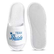 婚礼主题拖鞋 - 蓝色皇冠图案和“”刺绣标志，露趾，白色珊瑚绒材质，婚礼一次性伴娘拖鞋 - 藍色teambride 白色拖鞋 - 查看 5