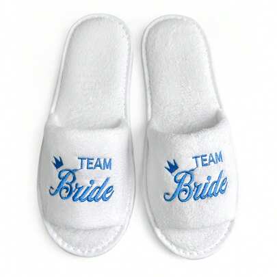 Wedding Theme Slippers - Blue Crown Pattern And "" Embroidered Logo, Open-Toe, White Coral Fleece Material, Disposable Bridesmaid Slippers For Wedding