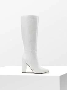 Women's Chunky Heel Pointed Toe Knee High Boots Side Zipper  Tall Boots For Women Fashionable Solid Color Long Boots - 白色 - 查看 5