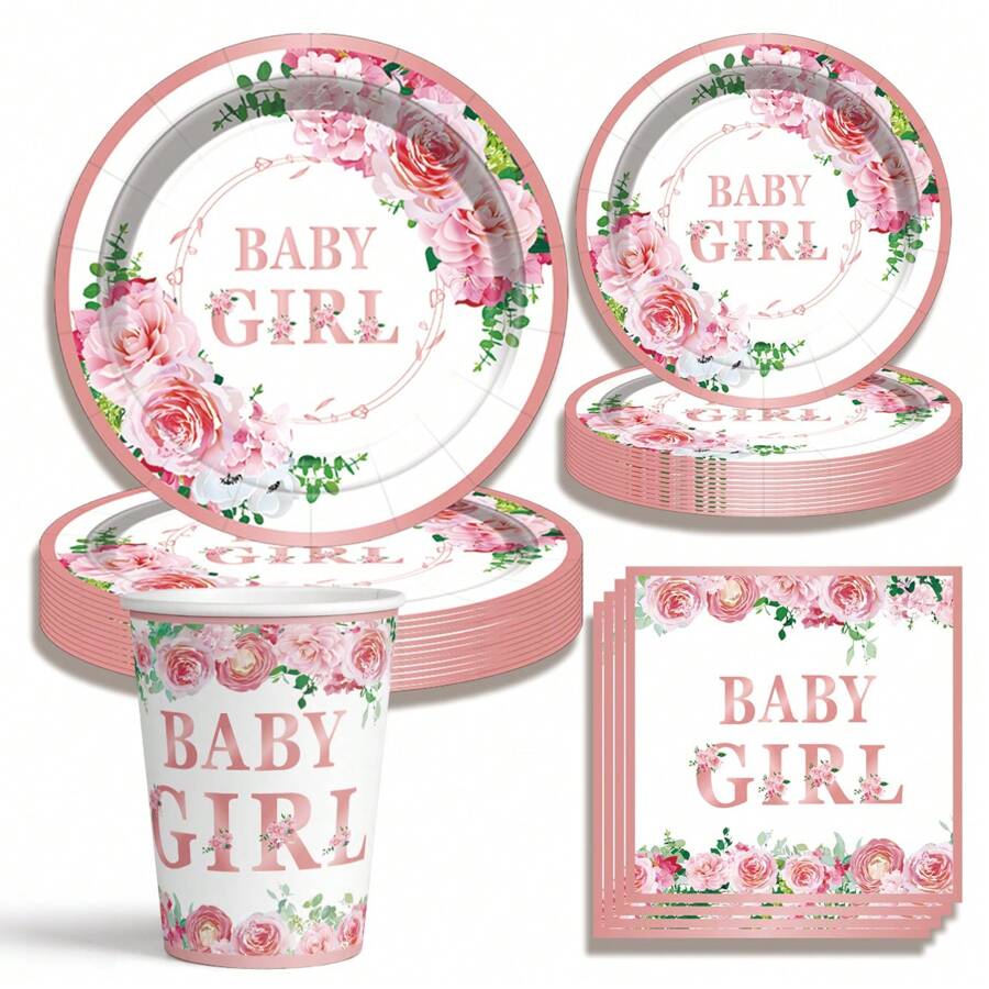 20pcs/Set Floral Theme Disposable Party Tableware Set For Baby Girls, Includes Paper Plates, Paper Cups, Napkins, Suitable For Baby Shower Party - Multicolor - View 1