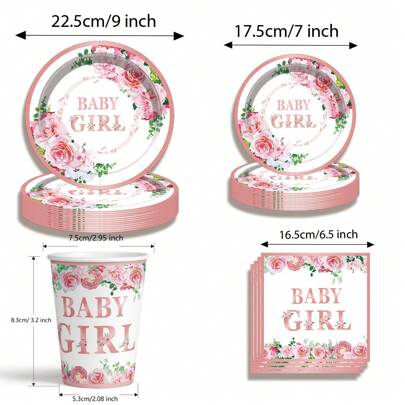 80pcs/Set Birthday Party Disposable Tableware Set, Pink Paper Cups, Plates, Dessert Plates, 9" & 7" Plates, Beverage Cups