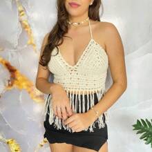 Crochet Crop Top With Adjustable Straps And Fringe - Kem - Xem 2
