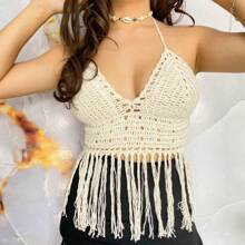 Crochet Crop Top With Adjustable Straps And Fringe - Kem - Xem 1