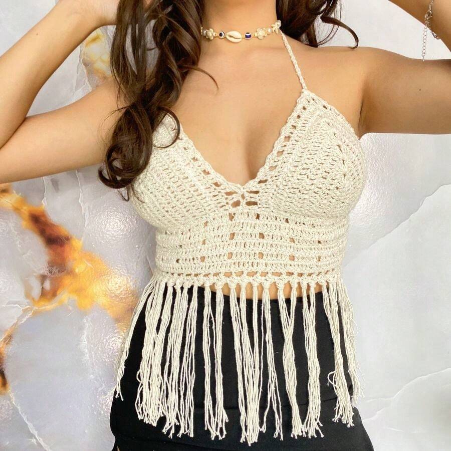 Crochet Crop Top With Adjustable Straps And Fringe - Kem - Xem 1