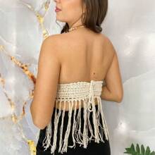 Crochet Crop Top With Adjustable Straps And Fringe - Kem - Xem 5