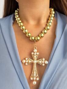 1pc Women's Fashion Beaded Oversized Cross Pendant Necklace, Minimalist Style Suitable For Daily Commute And Various Occasions - Multicolor - View 13