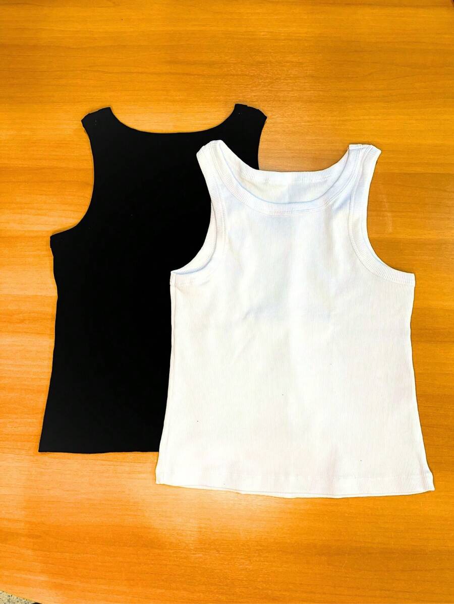 Kit 2 Basic Women's Blogger Foreign Tank Top Two-Color Casual Ribbed Blouse - Đen và trắng - Xem 1