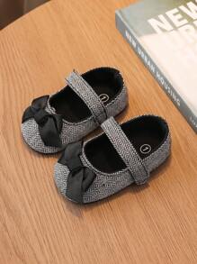 1pair Girls Fabric Bow Decor Casual Flat Shoes, Suitable For Spring And Autumn - Black - View 2