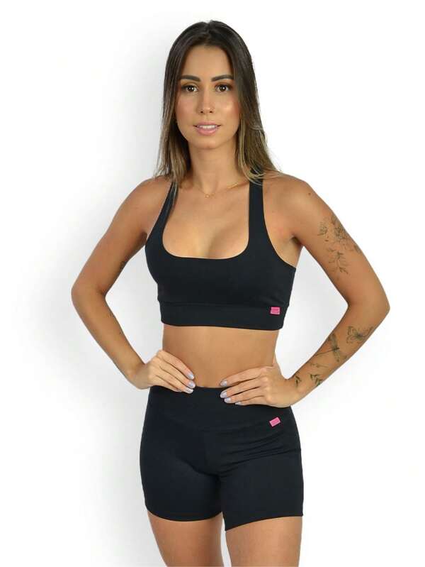 Conjunto Fitness de Poliamida Suplex Feminino Top Sem Bojo Shorts Meia Coxa Cós Alto - 3138