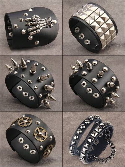 1 件朋克摇滚铆钉皮革手链，男女通用金属腕带，黑色哥特风格腕饰，可调节酷摇滚派对礼物，角色扮演俱乐部夜总会礼物，适合男士或家人和朋友，万圣节