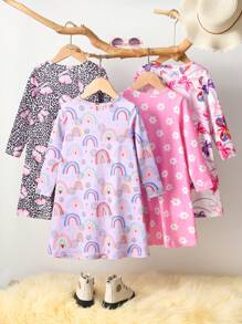 4pcs/Set Young Girl Cartoon Unicorn, Cat, Leopard Print And Bow Decor Long Sleeve Nightgown Sleepwear Set - Multicolor - View 2