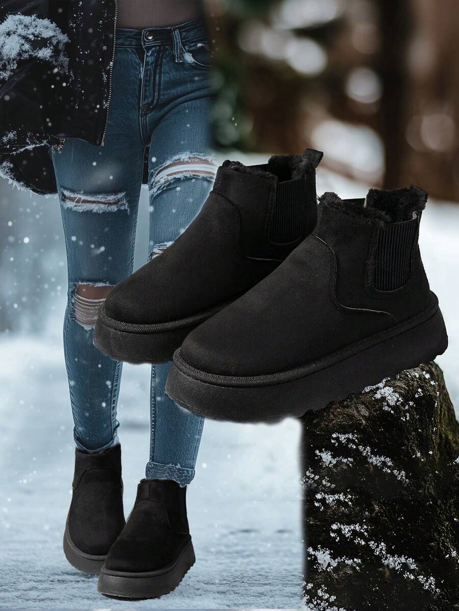2025 Women's Ankle Boots, New Autumn/Winter Plush Lining Thick Slip-On Elastic Thick Bottom Snow Boots, Warm Boots, Short Boots, Platform Increase Height, Suede Short Tube Bread Shoes, Fashion Round Toe, Simple, Wear-Resistant, Non-Slip, Plus Size - Black - View 1
