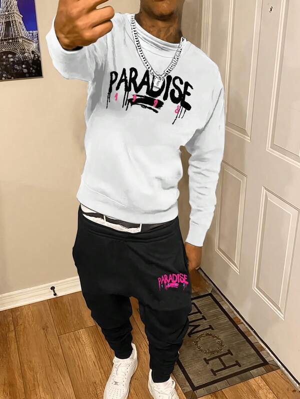 Men's Printed Sweatshirt And Casual Pants Set, Regular Fit Combo, Fall Clothes