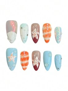 10pcs Glossy Blue Artificial Nails Finger With Pearls No Bad Smell  For Stage Performance Wear - Multicolor - View 5