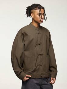 INFLATION Áo khoác nam dài tay cài nút phía trước phong cách Trung Hoa dày tiện dụng có khóa kéo - Lạc đà - Xem 4