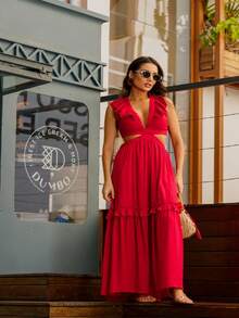 Long Openwork Dress Women's Fashion 25262 - Màu Đỏ Sâu - Xem 1