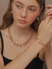 4 件女士优雅时尚首饰套装 - 项链、耳环、手链、合金人造珍珠和水钻镶嵌、项链、手链、耳环、新娘礼服配饰、节日礼物 - 項鍊耳環手鍊套裝 - 查看 9