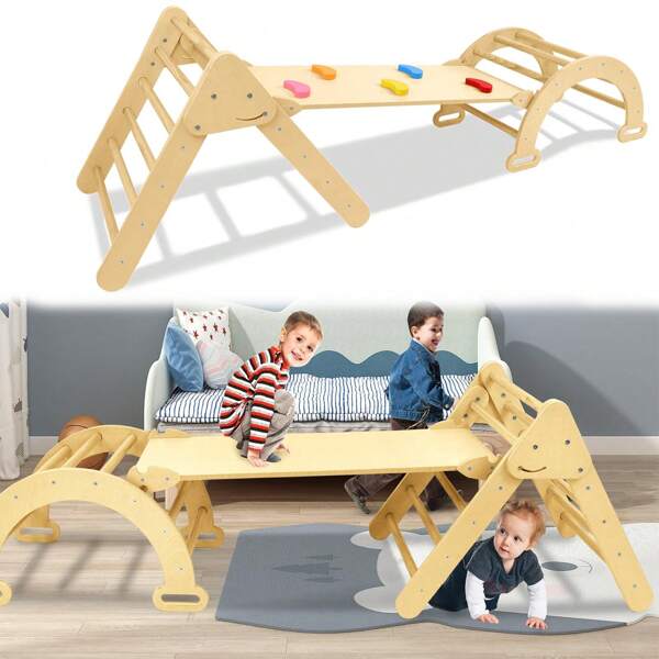 LILIIN LILIIN 3 in 1 Klettergerüst Set Dreieck für Kinder  Montessori Holzspielplatz Kletterdreieck mit Rutsche Kletterbogen Kletterleiter KletterbrettIndoor Outdoor für Kleinkinder ab 1 Jahr Spielgeräte max 40KG