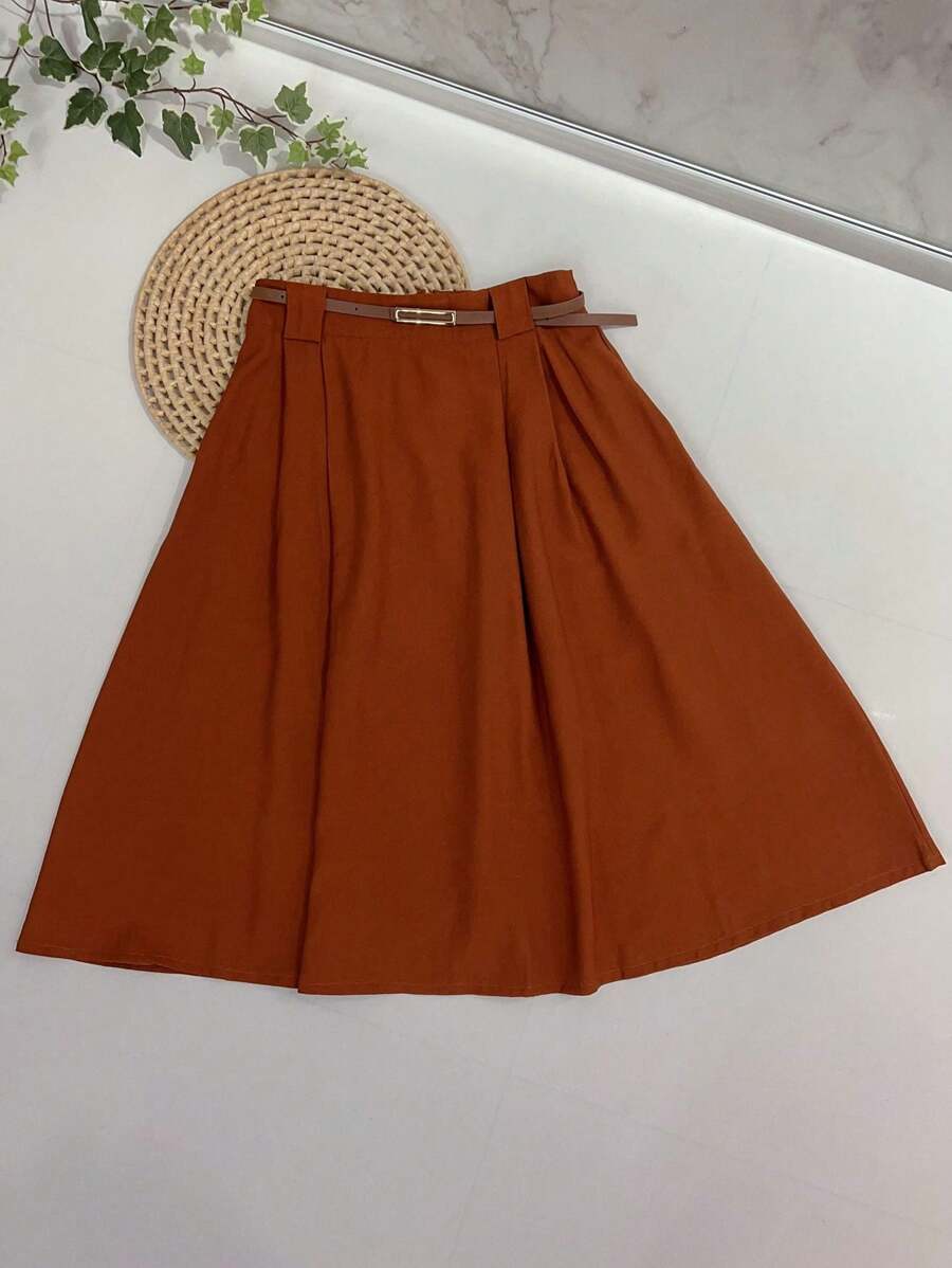 Midi Skirt With Belt And Pocket - Camel - View 1