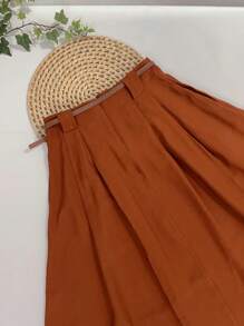 Midi Skirt With Belt And Pocket - Camel - View 5