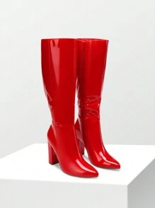 Women's Chunky Heel Pointed Toe Knee High Boots Side Zipper  Tall Boots For Women Fashionable Solid Color Long Boots - Red - View 6