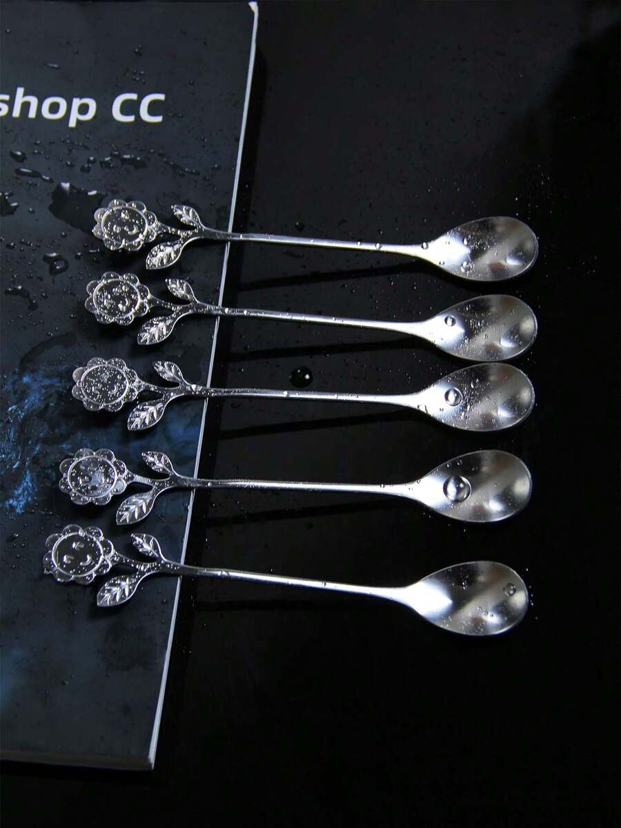 1/5/10/15 件不锈钢花形向日葵设计咖啡勺，适合搅拌甜点、蜂蜜、圣诞礼物 - 銀色 - 查看 1