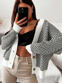 Autumn Winter Women's Fashionable Cardigan Sweater, French Style Color Block Knitted Sweater, Back To School, Americana Long Shirt, Teacher Apparel, 70s Sweater, Jacquard, Commuter, Minimalism, Office Wear, Retro, Simplicity, French, Striped Sweater, Autumn-Winter Jacket, Old Money Aesthetic, Warm, Teacher Sweater, Drop Shoulder Long Sleeve, Women's Casual Drop Shoulder Striped Long Sleeve Cardigan Sweater, Suitable For Outerwear